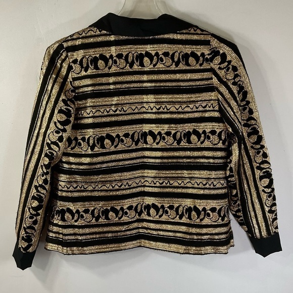 Vintage 70’s Gold Disco Jacket Shirt L Black Big Lapels, Baroque, lamé - Picture 3 of 10